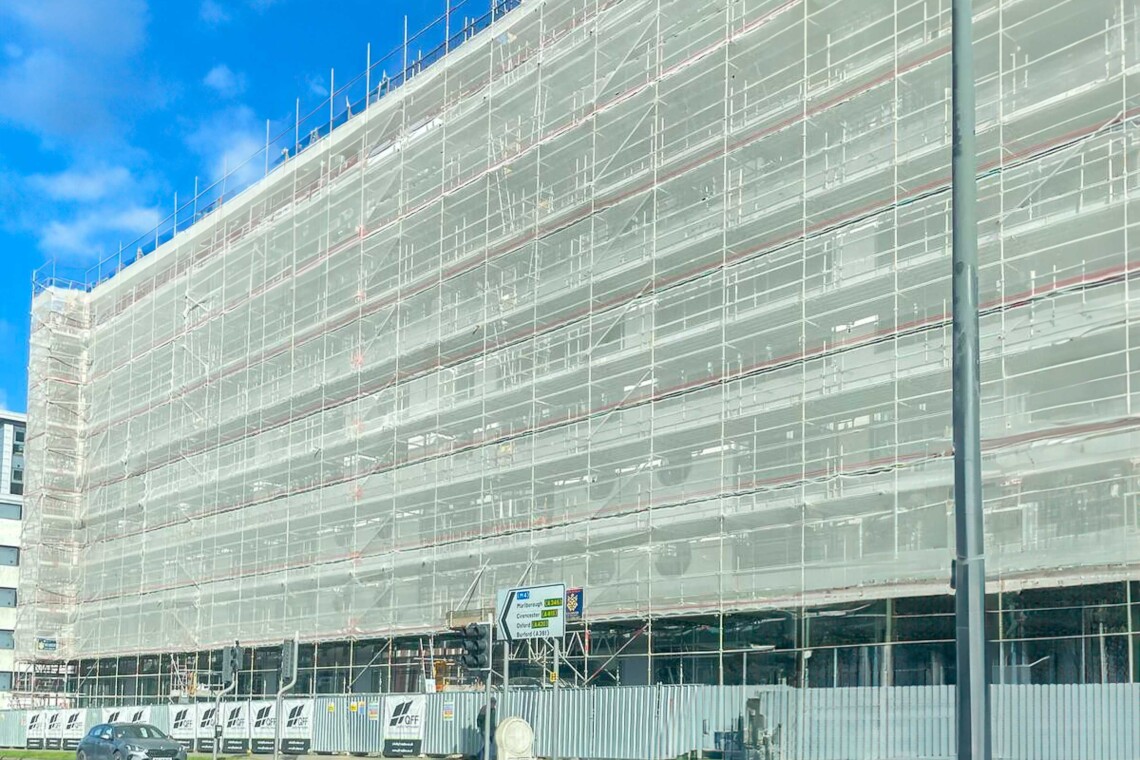 Temporary scaffolding may be in place