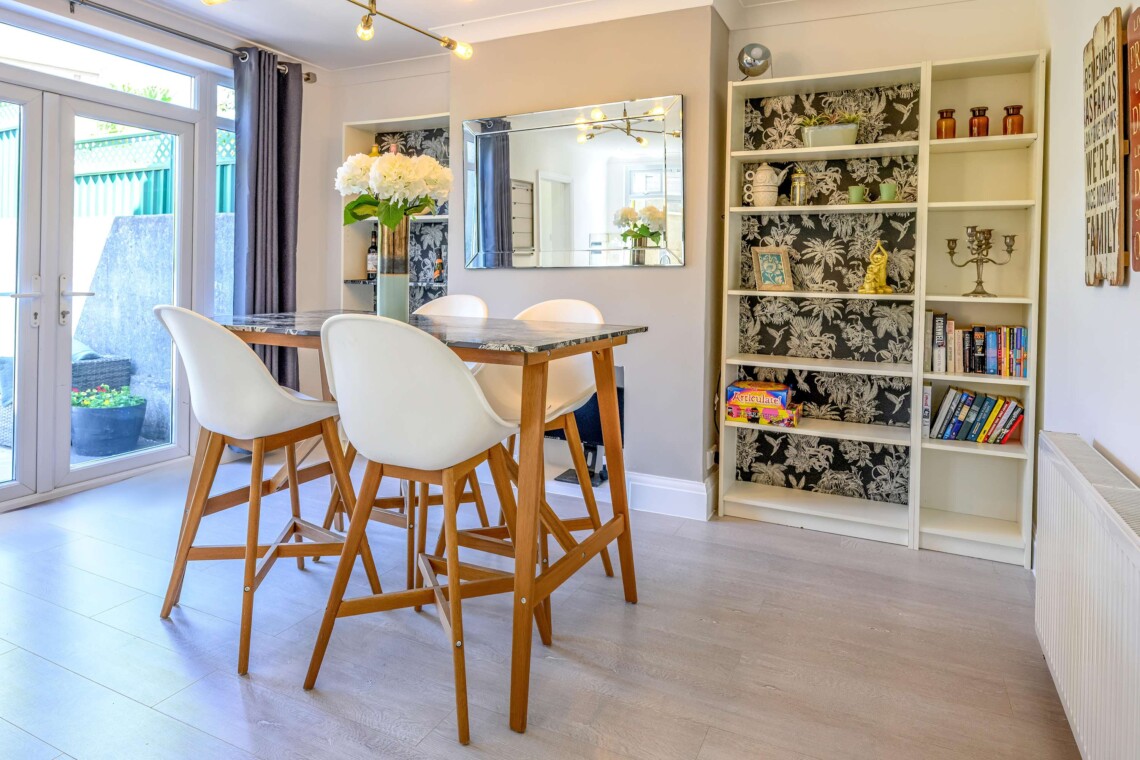 The living room is bright and airy