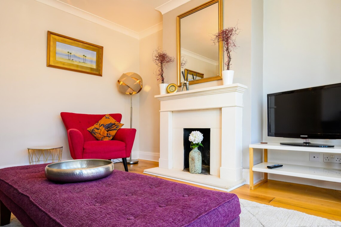 The living room is bright and airy