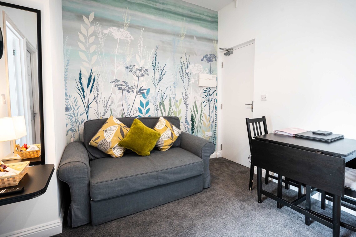Open plan living area with sofa bed